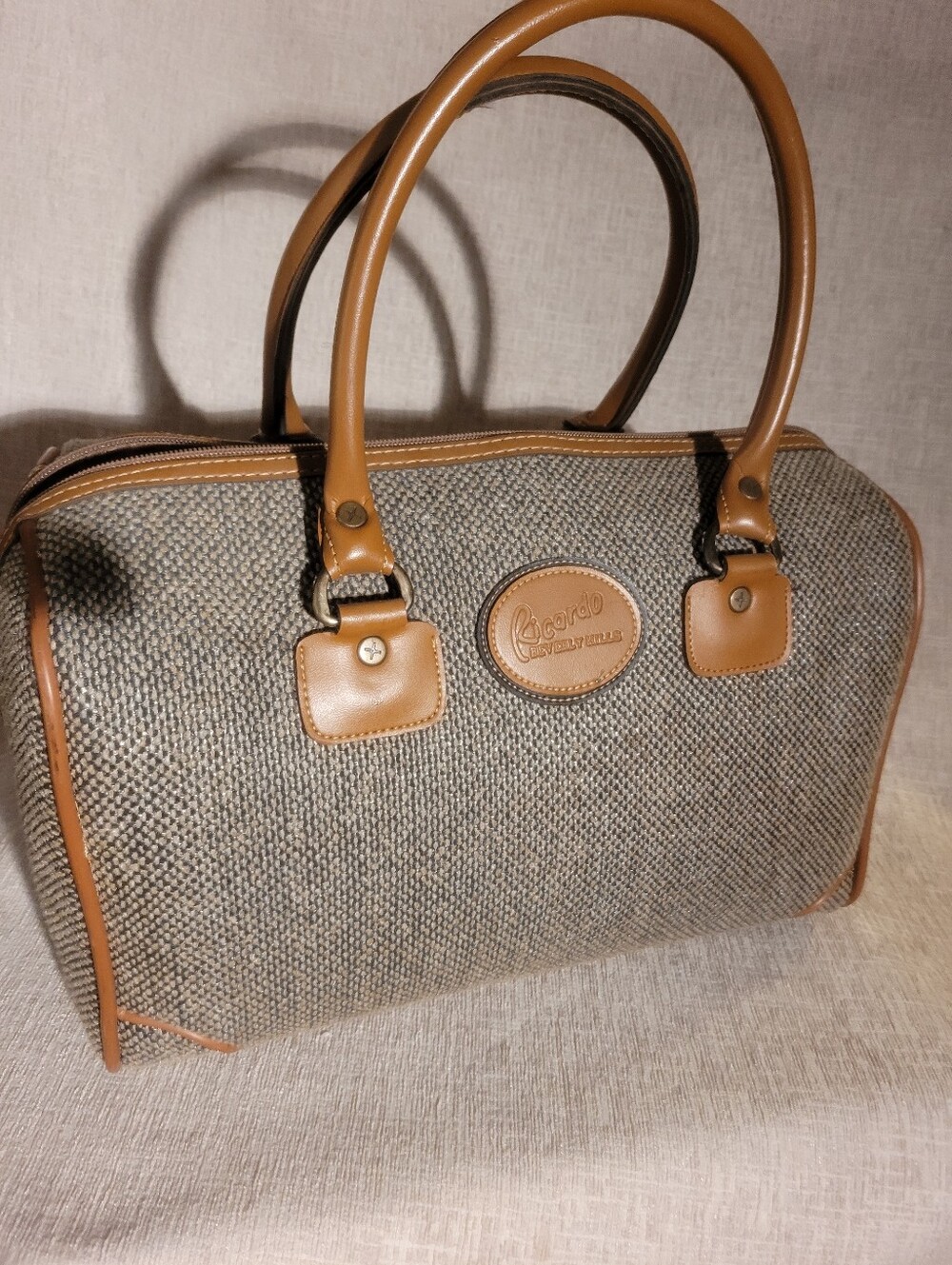 Vintage Ricardo Beverly Hills Tweed Satchel Duffle Bag Brown Tan Retro Carryon